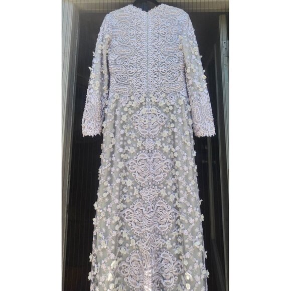 Gemy Maalouf Lace Evening Gown Light Grey Embroidered Long Sleeve Slit Front 12 - Picture 5 of 16